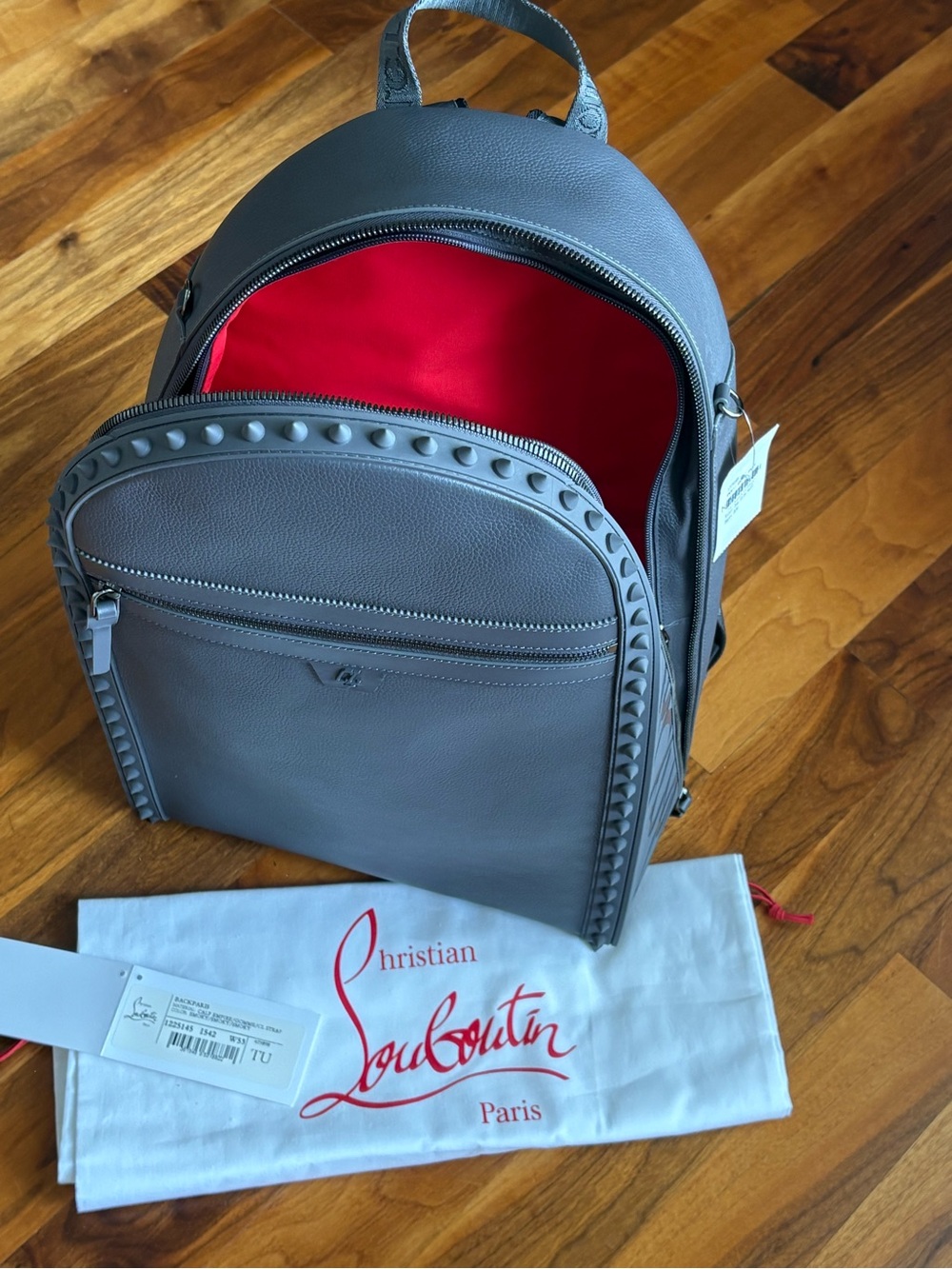 Christian Louboutin Back Paris Gray Leather Spike-Trim Backpack, NEW - Picture 13 of 17